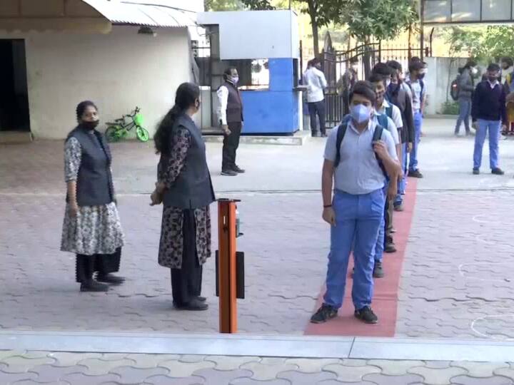 In Ahmedabad, schools for classes 9 and 11 reopened on Monday after almost 10 months of being shut down. (Photo/ANI)
