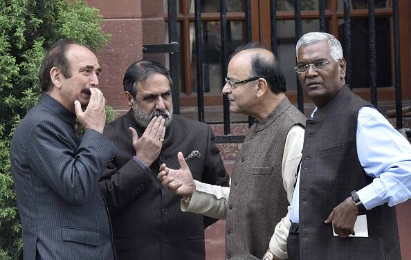 Former Finance Minister Arun Jaitley with Anand Sharma, Ghulam Nabi Azad and Left Party leader D. Raja after attending all party leaders meeting called by Prime Minister at outside of the Prime Minister's Office, South Block on February 16, 2016 in New Delhi. File Photo/ Getty)