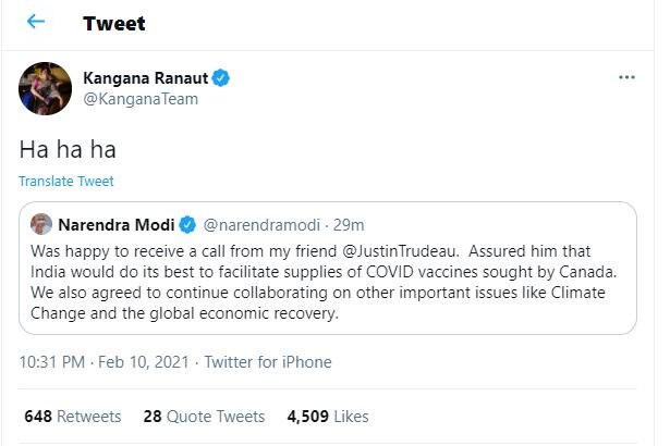 Kangana Ranaut Tweets ‘Ha Ha Ha’ As Canada’s Justin Trudeau Seeks COVID-19 Vaccines From PM Modi