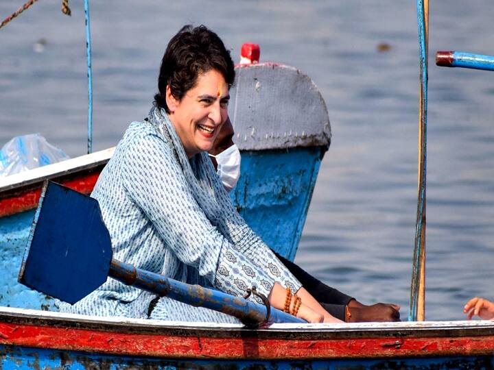 Prayagraj: Congress leader Priyanka Gandhi Vadra rides on a boat after taking a holy dip in River Ganga on the occasion of Mauni Amavasya during the ongoing Magh Mela, at Sangam, Thursday, Feb. 11, 2021. (PTI Photo)