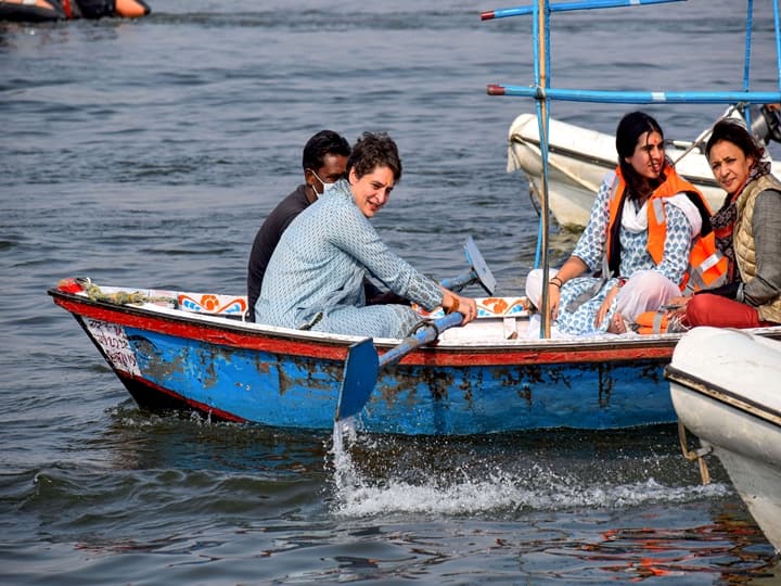 Prayagraj: Congress leader Priyanka Gandhi Vadra and her daughter Miraya Vadra seen riding on a boat after taking a holy dip in River Ganga on the occasion of Mauni Amavasya during the ongoing Magh Mela, at Sangam in Prayagraj, Thursday, Feb. 11, 2021. (PTI Photo)