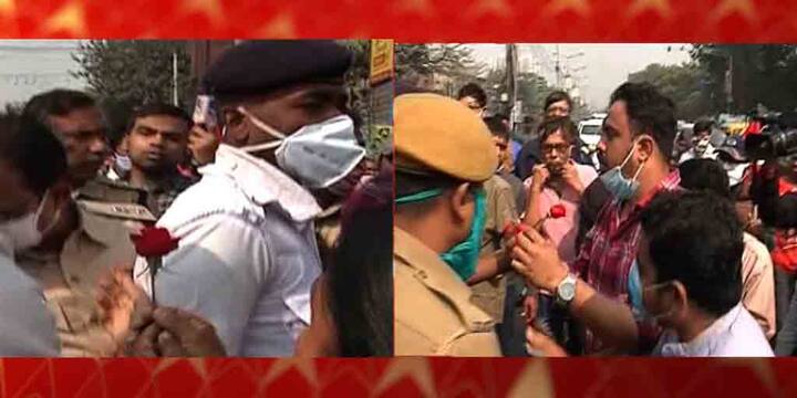 West Bengal Bandh News Left Front Strike Protesters Do Gandhigiri Offers Rose, Chocolate To Policemen West Bengal Bandh Today:  পুলিশকে গোলাপ-চকোলেট বিলি, 'গাঁধীগিরি' ধর্মঘটীদের