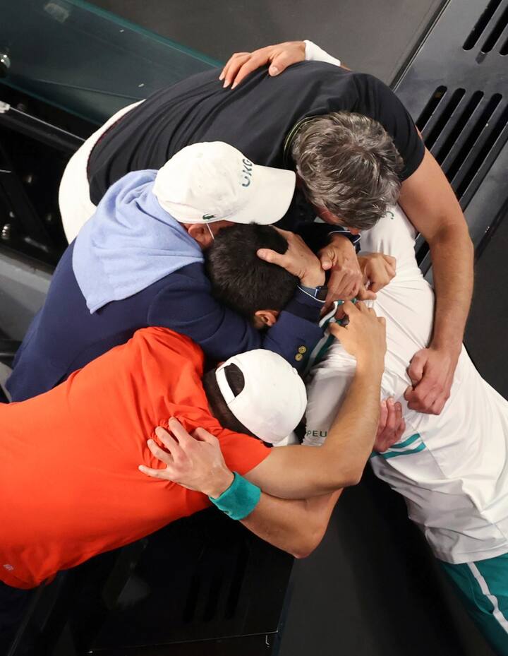 The 33-year old celebrates with his head coach Goran Ivanisevic  after winning the grand-slam title.   (Image Credits- AP/PTI)