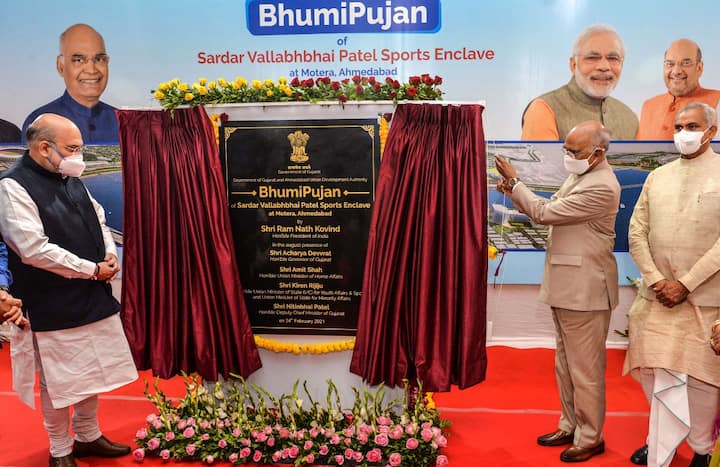 President Kovind inaugurating the Narendra Modi Stadium in Ahmedabad along with Home Minister Shah and Sports Minister Kiren Rijiju.  (Photo: PTI)