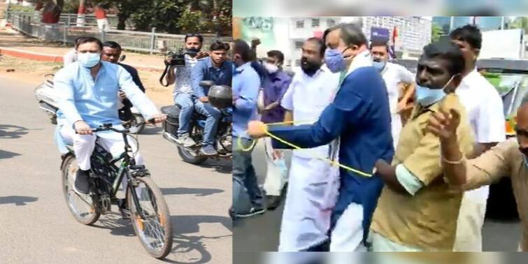 Fuel Price Hike Protest: Shashi Tharoor and Tejeshwai Yadav innovative protest against the price increase in India Fuel Price Hike Protest: দড়ি দিয়ে অটো টানলেন শশী, সাইকেল চড়লেন তেজস্বী, পেট্রোপণ্যের প্রতিবাদে জারি বিরোধীদের অভিনব প্রতিবাদ