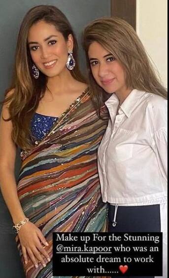 In one of the pictures, we see her along with her few friends. Mira kept her makeup simple and sported just blue danglers as accessories [pic credit: Instagram]