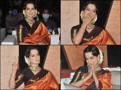 IN PICS | ‘Thalaivi’ Trailer Launch Mumbai: Kangana Ranaut Looks Resplendent In Orange Kanjeevaram Silk