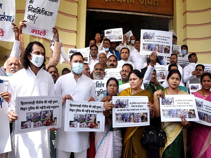 Opposition to a bill introduced in the Bihar assembly by the Nitish Kumar government, with a view to giving more teeth to the police force, today led to unprecedented turmoil in the House. (PTI Photo)