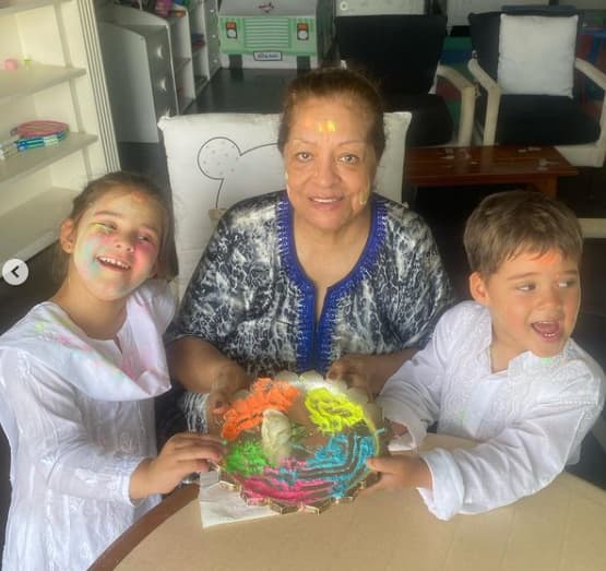 Karan shared another picture of his kids and mom celebrating Holi at home.[pic credit: Instagram/Karan Johar]