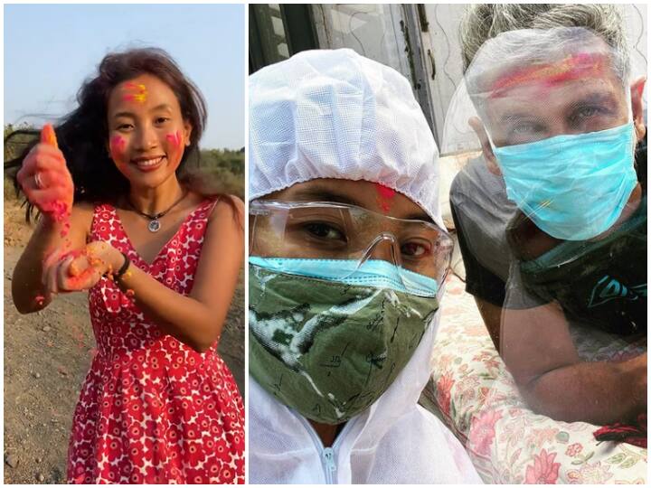 Covid-19 Positive Milind Soman Celebrates Holi With Wife Ankita In PPE Kit; See PICS Covid-19 Positive Milind Soman Celebrates Holi With Wife Ankita In PPE Kit; See PICS