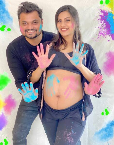 And on the occasion of Holi, the actress shared another beautiful image with husband Bhavin looking excited and posing with colours all over her baby bump. [pic credit: Instagram/ Vrinda Dawda]
