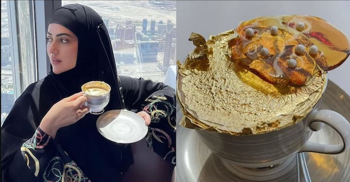 Sana Khan drinks gold plated coffee on top of Burj Khalifa ਬੁਰਜ ਖਲੀਫਾ ਦੇ ਟੌਪ 'ਤੇ ਸਨਾ ਖਾਨ ਨੇ ਪੀਤੀ ਗੋਲਡ ਪਲੇਟਡ ਕੋਫੀ