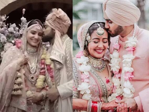 अनुष्का शर्माचे 2017 मध्ये लग्न झाले होते. तिच्या लग्नाची वेषभूषा डिझायनर सब्यसाची यांनी डिझाइन केली होती. त्याचवेळी नेहा कक्कड हिचाही मल्टीकलर लहंगा सब्यसाची यांनी डिझाइन केला आहे. (Photo Credit - Social Media)