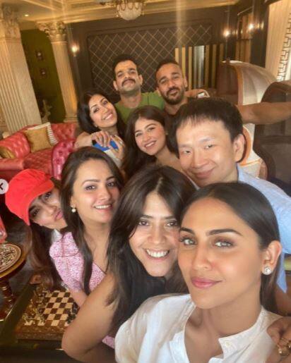 Anita and husband Rohit hosted a small private party for their close friends including TV actors Karan Patel, wife Ankita Bhargava, actresses- Surbhi Jyoti, Krystle D'Souza, Aditi Bhatia and producer Ekta Kapoor. [pic credit: Instagram/Anita Hassanandani]