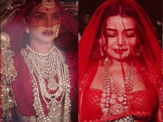 आमच्या बोलण्यावर विश्वास बसत नसेल तर या फोटोंवर एक नजर टाका. एका बाजूला लाल लेंगामध्ये प्रियंका चोप्रा आणि दुसरीकडे नेहा कक्कड. हा ड्रेस काहीसा सारखाच आहे. पण, नेहानेही प्रियांकाच्या फोटोशूटची स्टाईल कॉपी केली आहे. (Photo Credit - Social Media)