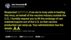 कच्च्या मालावरील निर्बंध उठवा,सीरमच्या अदर पूनावालांचं अमेरिकी अध्यक्ष जो बायडेनना ट्विटरवर आवाहन