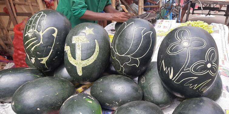 West Bengal Election 2021: Political parties Watermelon selling rapidly in Katwa market WB Election 2021: তরমুজের গায়েও রাজনীতির রং ! ভোটের বাজারে দেদার বিকোচ্ছে কাটোয়ায়