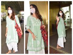 IN PICS: Rhea Chakraborty Gives Perfect Summer Vibes In Green & White Kurta Set At Mumbai Airport As She Flies Out Of City!