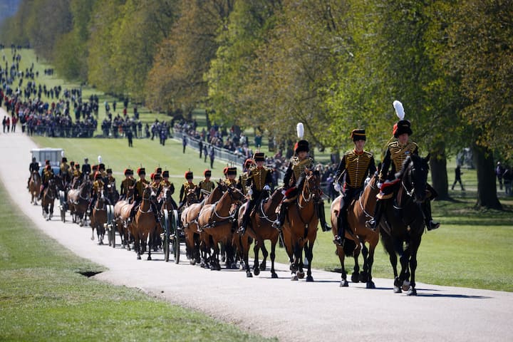 Officers of The Kings Troop Royal Horse Artillery arrive for the Gun Salute for the funeral of Britains Prince Philip at Windsor Castle. Prince's German relatives Bernhard, Hereditary Prince of Baden, Prince Donatus, Landgrave of Hesse and Prince Philipp of Hohenlohe-Langenburg will be in attendance. (Image: PTI)