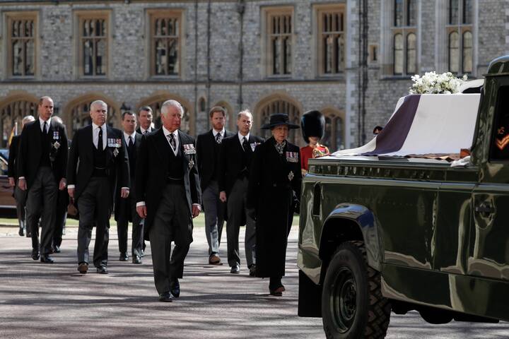 From front left, Britain's Prince Charles, Princess Anne, Prince Andrew. Prince Edward, Prince William, Peter Phillips, Prince Harry, Earl of Snowdon and Tim Laurence follow the coffin in a ceremonial procession for the funeral of Britain's Prince Philip. (Image: PTI)