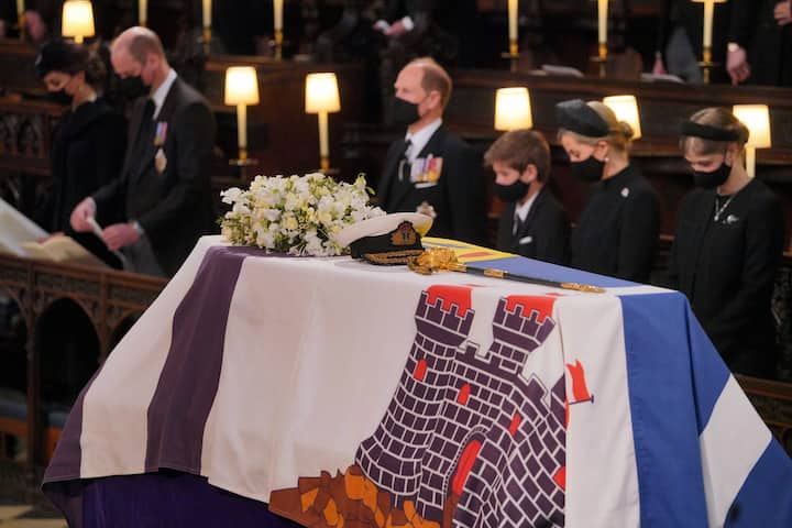 Mourners including, front row from left, Kate, Duchess of Cambridge, Prince William, Prince Edward, Viscount Severn, Lady Louise Mountbatten-Windsor, and Sophie, Countess of Wessex, during the funeral of Prince Philip. (Image: PTI)