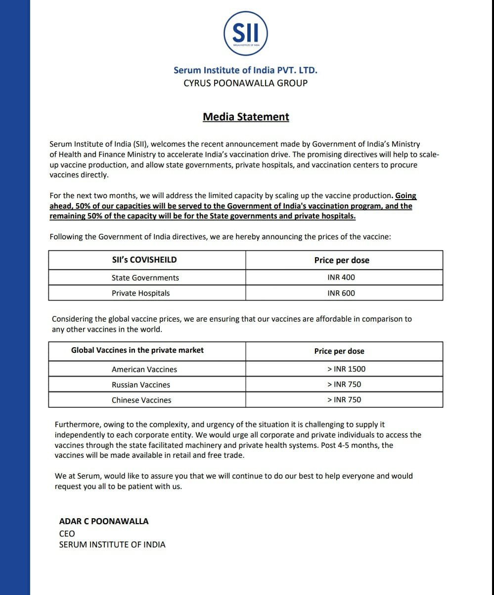 Covishield Vaccine Price : कोविशिल्ड लस राज्यांना महाग; सरकारी हॉस्पिटलसाठी 400 रुपये तर खासगीसाठी 600 रुपये किंमत