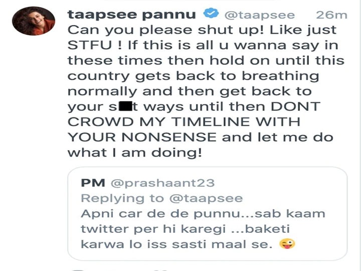 Taapsee Pannu ने एक यूजर की लगाई जमकर फटकार, कहा- बिल्कुल चुप हो जाओ...