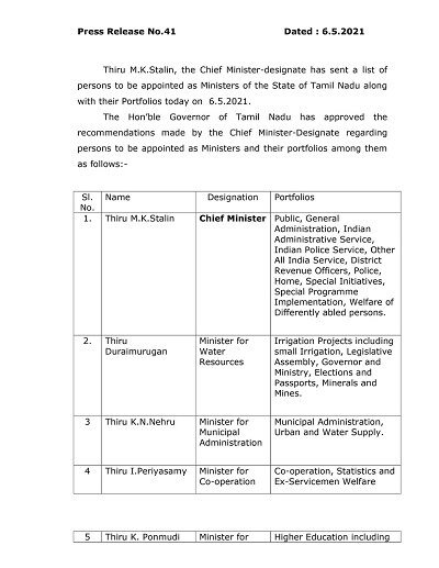 TN Cabinet Ministers Full List | தமிழக அமைச்சரவைப் பட்டியல் வெளியானது!
