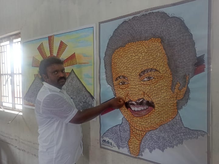 Government school teacher who painted Stalin with Karunanidhi's face கருணாநிதியின் முக வடிவம் கொண்டு ஸ்டாலின் ஓவியம் வரைந்த அரசு பள்ளி ஆசிரியர்
