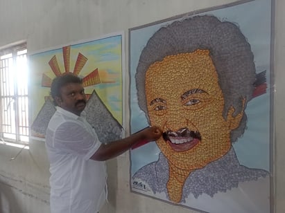 Government school teacher who painted Stalin with Karunanidhis face கருணாநிதியின் முக வடிவம் கொண்டு ஸ்டாலின் ஓவியம் வரைந்த அரசு பள்ளி ஆசிரியர்