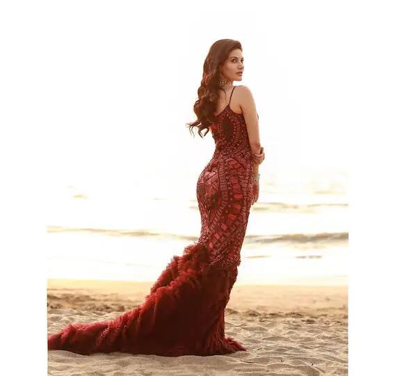 अमायराने शेअर केलेल्या फोटोंपैकी ती मरून रंगाच्या गाऊनमध्ये खूपच सुंदर दिसत आहे.