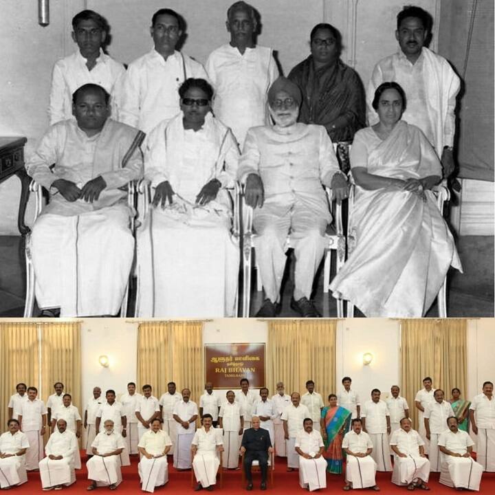 மேல்: பதவியேற்ற மு.கருணாநிதியின் அமைச்சரவை ஆளுநருடன், கீழ்:பதவியேற்றமுதல்வர் மு.க.ஸ்டாலின் அமைச்சரவை ஆளுநருடன்