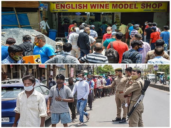 Uttar Pradesh: Liquor Shops Reopen In Noida, Ghaziabad, Varanasi Amid Lockdown; Tipplers Throng Stores | See Pics Uttar Pradesh: Liquor Shops Reopen In Noida, Ghaziabad, Varanasi Amid Lockdown; Tipplers Throng Stores | See Pics