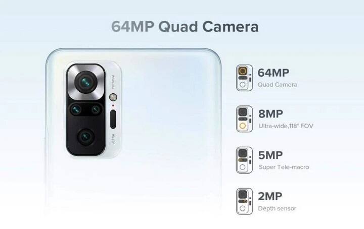 64MP வைட் ஆங்கிள் கேமிரா, 8MP அல்ட்ரா வைட் ஆங்கிள், 2MP மேக்ரோ கேமிரா, 13MP செஃல்பி கேமிரா