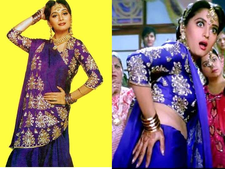 हम आपके है कौन फिल्म में माधुरी दीक्षित ने कई यादगार लुक दिए हैं लेकिन दीदी तेरा दीवाना गाने में जिस बैंगनी साड़ी में माधुरी नजर आई उसके चर्चे तो आज भी होते हैं. आज भी माधुरी की मिमिक्री करनी हो तो सबसे ज्यादा उनके इसी रोल को कॉपी किया जाता है. (फोटो - सोशल मीडिया)