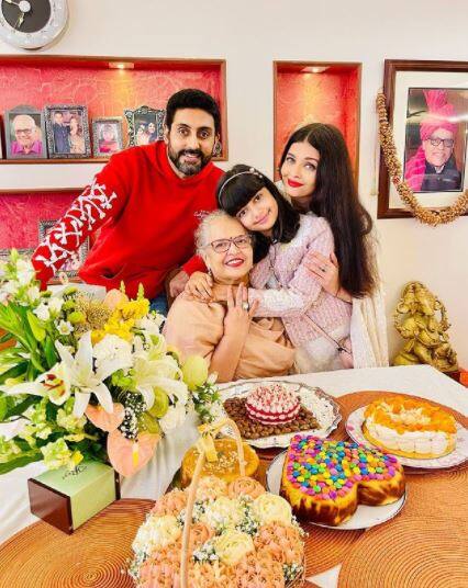 One photo showed Aishwarya’s mother at a dining table, surrounded by three cakes and bouquets of lilies and roses. Aaradhya is seen giving her grandma a hug while Aishwarya holds them tight. Abhishek is smiling for the picture with his family. One can also see, a picture frame of Aishwarya Rai’s deceased father Krishnaraj Rai in the background.