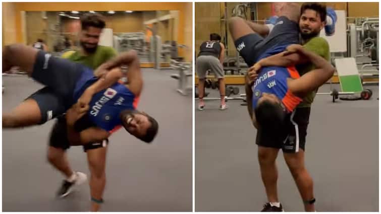 Cricketer Or Wrestler? Rishabh Pant Lifts And Rotates Team's Analyst In Gym, Watch Hilarious Video Cricketer Or Wrestler? Rishabh Pant Lifts And Rotates Team's Analyst In Gym, Watch Hilarious Video