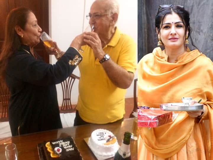Raveena Tandon celebrates parents wedding anniversary रवीना टंडन ने मनाई माता-पिता की शादी की 55वीं सालगिरह, कपल ने एक दूसरे को पिलाया जाम