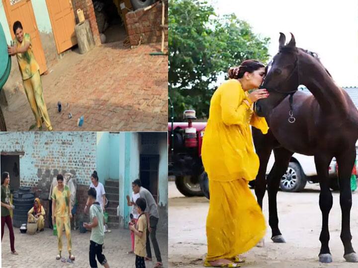 Sapna Choudhary video showed a glimpse of her village house sapna Choudhary dance Video: गांव के घर के आंगन में बच्चों के साथ खेलती हुई नजर आईं Sapna Choudhary, पंजाबी गाने पर किया डांस