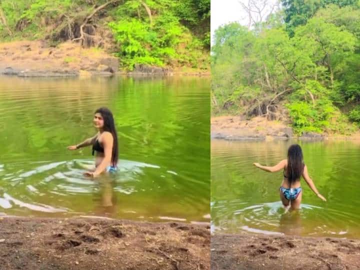 Taarak Mehta Ka Ooltah Chashmah Fame Nidhi Bhanushali swimming in lake with Bikini 'तारक मेहता' फेम निधि भानुशाली झील में स्विमिंग करती आईं नजर, फ्लॉन्ट किया बिकिनी लुक, देखें Video