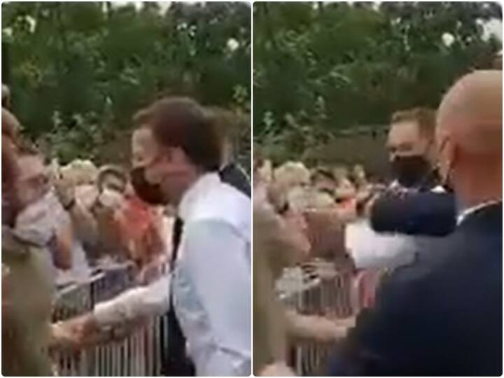 French President Emmanuel Macron was slapped by man Drome region Two arrested फ्रांस के राष्ट्रपति इमैनुअल मैक्रों को एक शख्स ने मारा थप्पड़, पुलिस ने 2 लोगों को किया गिरफ्तार; देखें वीडियो