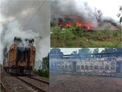 PHOTO : कोकण रेल्वे मार्गावर विजेचं काम करणाऱ्या विशेष गाडीला आग, वाहतूक विस्कळीत