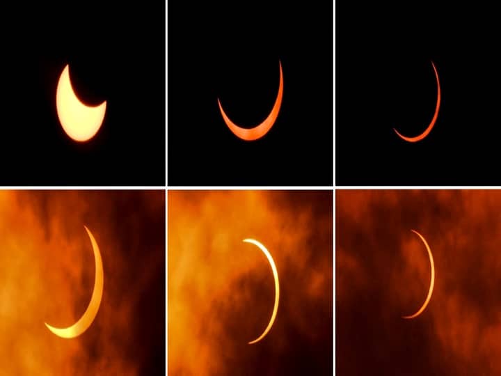 This combination of pictures created on June 21, 2020 shows the moon moving in front of the sun during an annular solar eclipse as seen from New Delhi on June 21, 2020. (Jewel Samad / AFP)