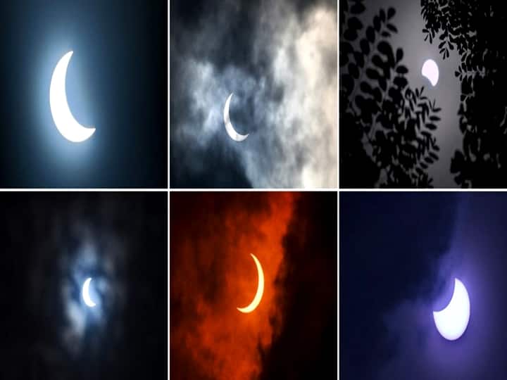 This combination of pictures created on June 21, 2020 shows the moon moving in front of the sun during an annular solar eclipse as seen from (top L to R) Kurukshetra, Allahabad, Bangalore and (bottom L to R) Kolkata, New Delhi, Bangalore on June 21, 2020. (Jewel Samad, Dibyangshu SARKAR, Manjunath KIRAN, Sajjad HUSSAIN, Sanjay KANOJIA / AFP)