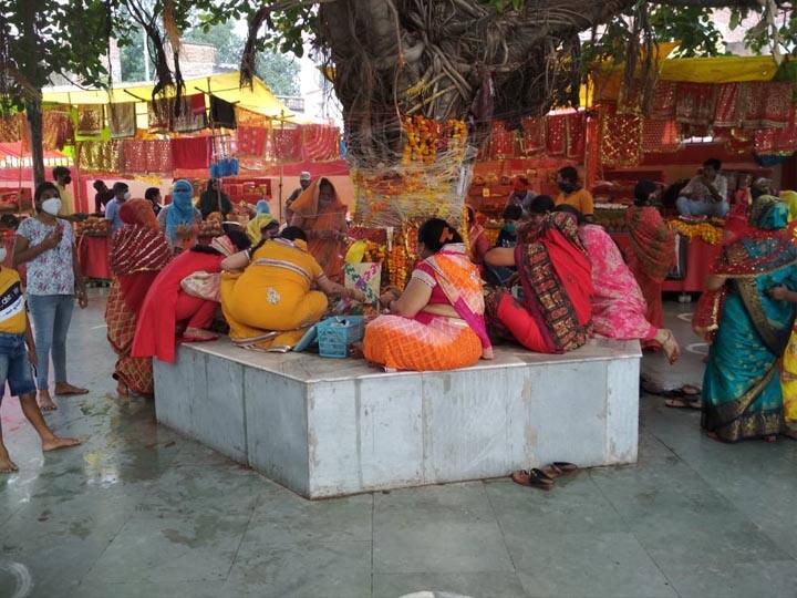 Woman celebrating Vat Savitri vrat in Prayagraj ann संगम नगरी में सोलह श्रंगार के साथ महिलाओं ने किया वट सावित्री का व्रत, बरगद के पेड़ के नीचे की विशेष पूजा अर्चना