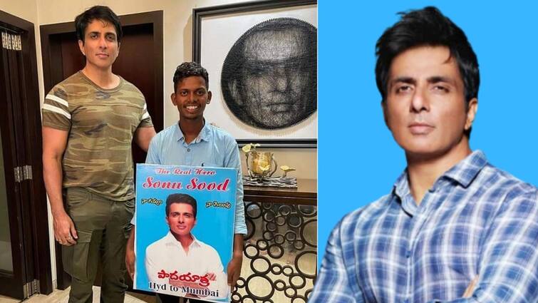 Actor Sonu sood poses with a Fan who walked 700 kms to just meet the actor Sonu Sood with Fan: আদর্শ সোনু সুদ, ৭০০ কিমি পথ পায়ে হেঁটে দেখা করতে এলেন যুবক