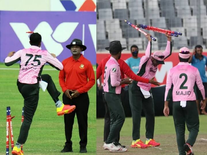 Dhaka Premier League Shakib Al Hasan lashes out at stumps in anger Shakib Al Hasan : शाकिब अल हुसेनचे लाजिरवाणे कृत्य, अंपायरशी वाद घालत स्टंप्स फेकून दिल्या