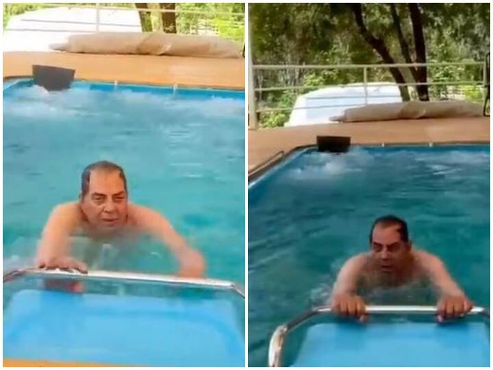 Actor Dharmendra was seen doing water aerobics in the pool पूल में वाटर एरोबिक्स करते दिखे अभिनेता Dharmendra, देंखे वीडियो
