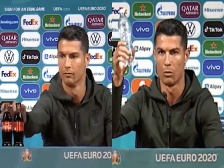 Euro 2020 Cristiano Ronaldo Removes Coca-Cola Bottles Placed on Table During Press Conference and said drink water Euro 2020: 'Drink Water' : கோகோ கோலாவுக்கு நோ சொன்ன கிறிஸ்டியானோ ரொனால்டோ..!
