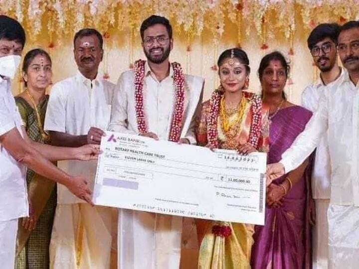 The bride and groom donated Rs 38 lakh at thiruppur ’5 லட்சத்தில் திருமணம்: 38 லட்சத்தில் நன்கொடை’  : வாரி வழங்கிய ஆச்சரிய மணமக்கள்..!